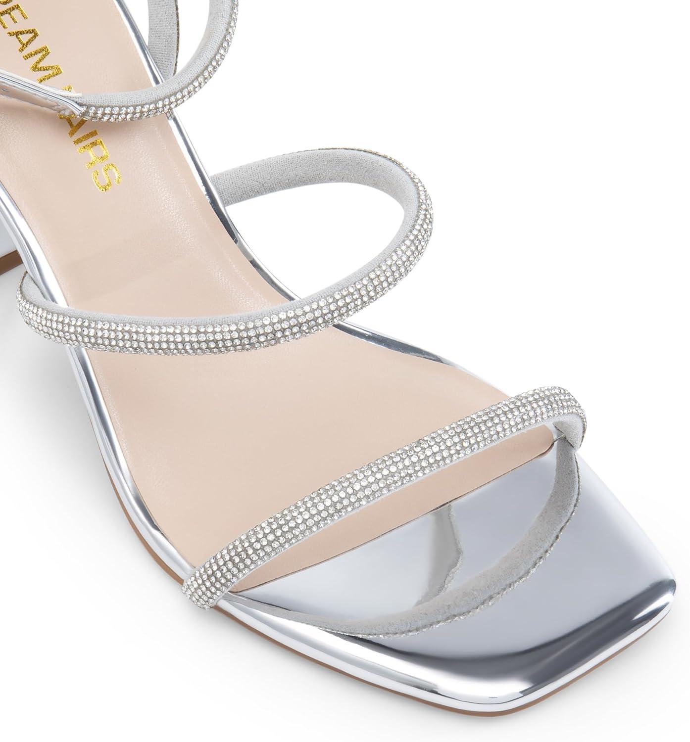 imageDREAM PAIRS Women Heels Chunky Square Open Toe Strappy Ankle Strap Block High Heeled Sandals for Dressy Wedding Comfortable ShoesSilverrhinestone