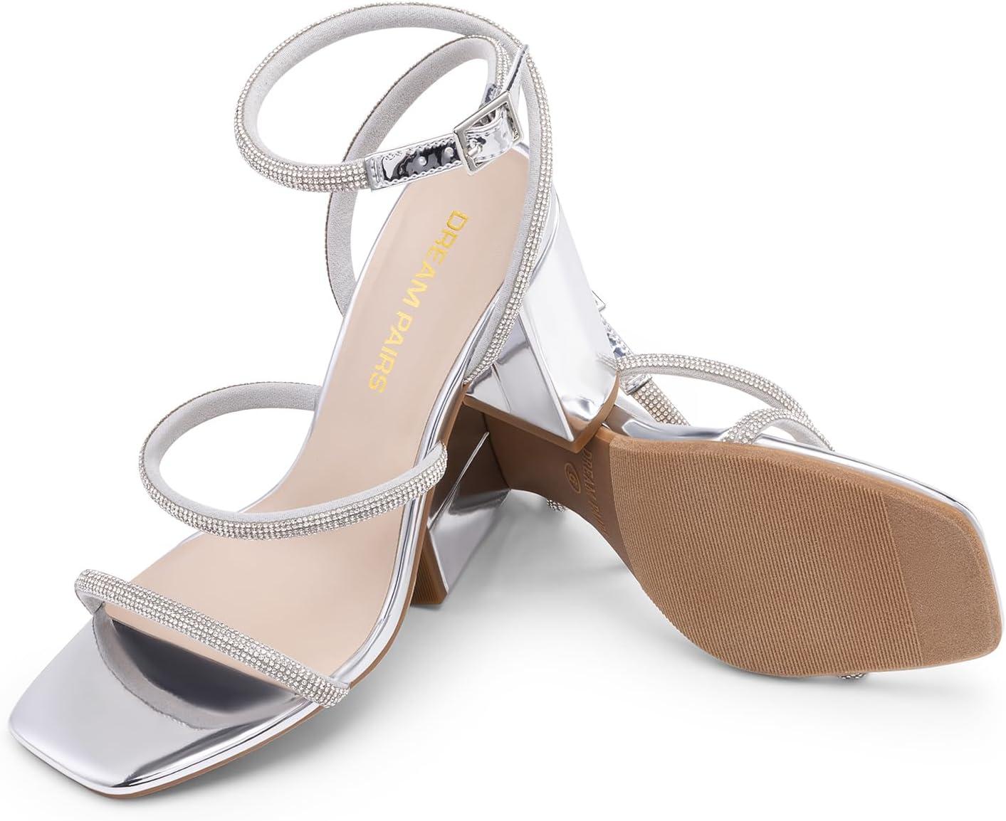 imageDREAM PAIRS Women Heels Chunky Square Open Toe Strappy Ankle Strap Block High Heeled Sandals for Dressy Wedding Comfortable ShoesSilverrhinestone