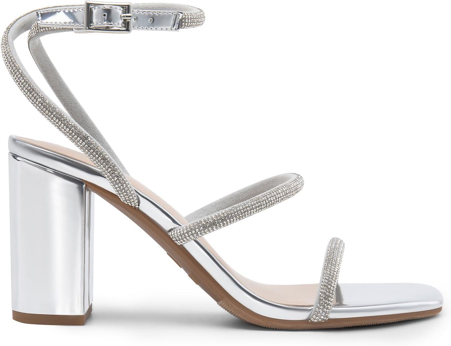 imageDREAM PAIRS Women Heels Chunky Square Open Toe Strappy Ankle Strap Block High Heeled Sandals for Dressy Wedding Comfortable ShoesSilverrhinestone