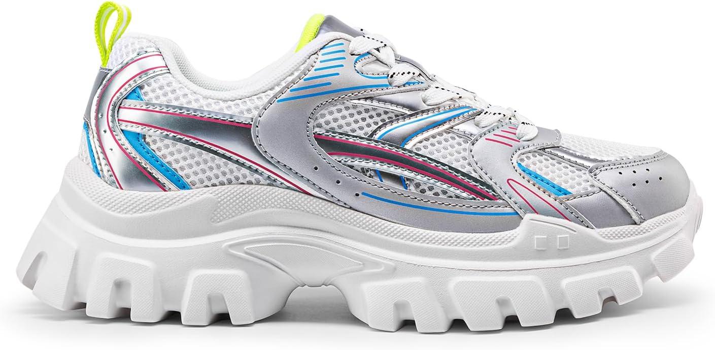 imageDREAM PAIRS Women Platform Chunky Lightweight Comfortable Breathable Casual Stylish Y2K LaceUp Heidi Walking Fashion SneakersSize 8WhiteSilverSDFN2421W