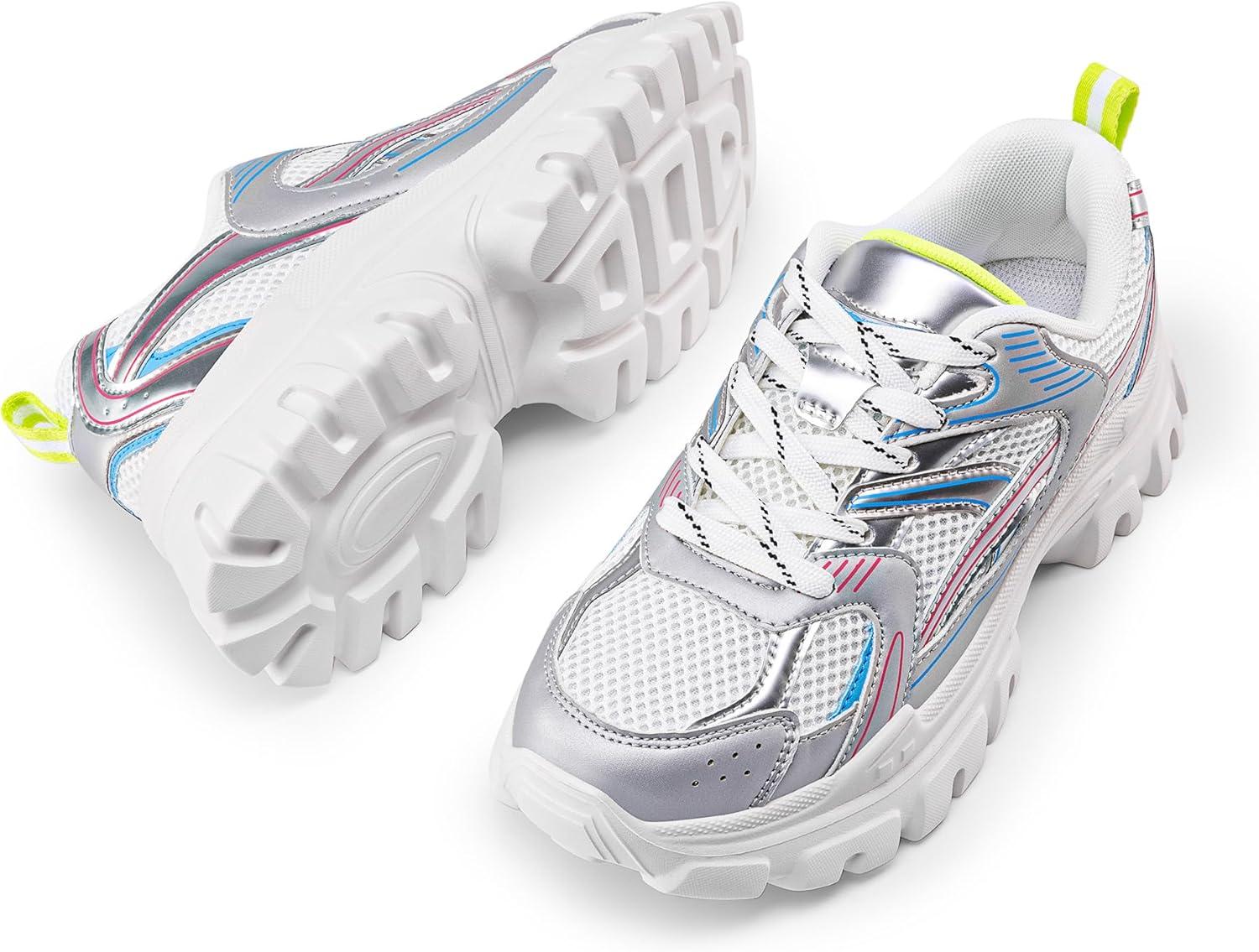 imageDREAM PAIRS Women Platform Chunky Lightweight Comfortable Breathable Casual Stylish Y2K LaceUp Heidi Walking Fashion SneakersSize 8WhiteSilverSDFN2421W