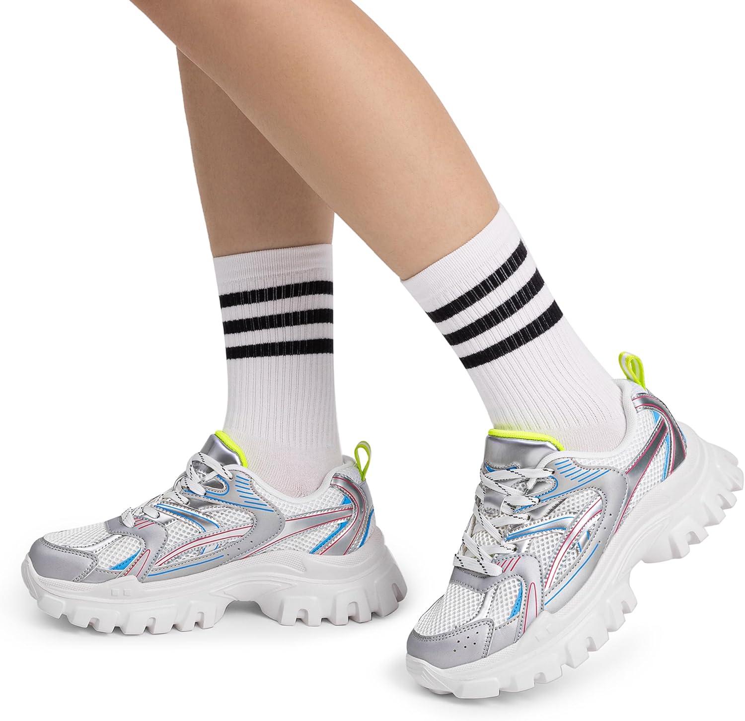 imageDREAM PAIRS Women Platform Chunky Lightweight Comfortable Breathable Casual Stylish Y2K LaceUp Heidi Walking Fashion SneakersSize 8WhiteSilverSDFN2421W