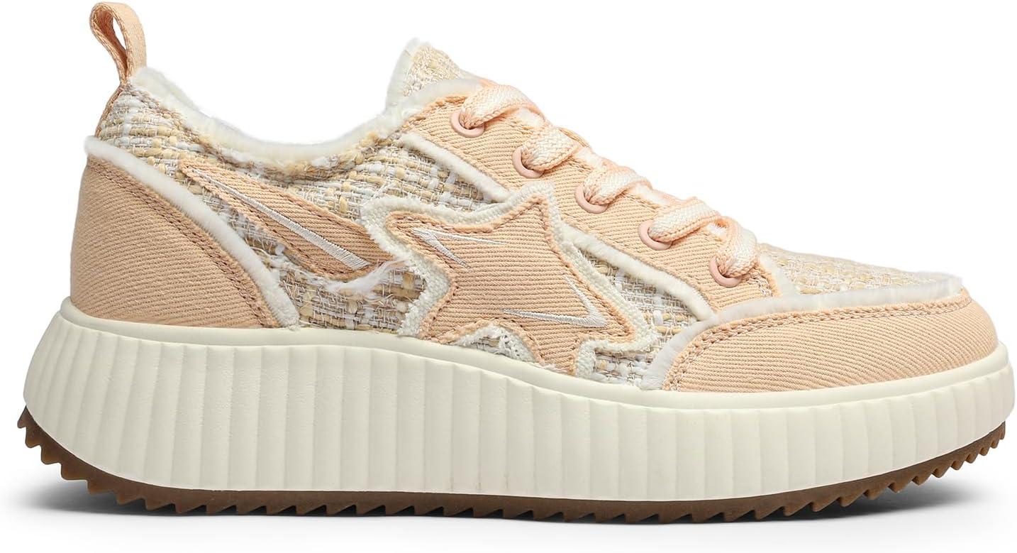 imageDREAM PAIRS Women Platform Chunky Lightweight Comfortable Casual Denim Fabric LaceUp Kay Walking Fashion SneakersPinkWhite