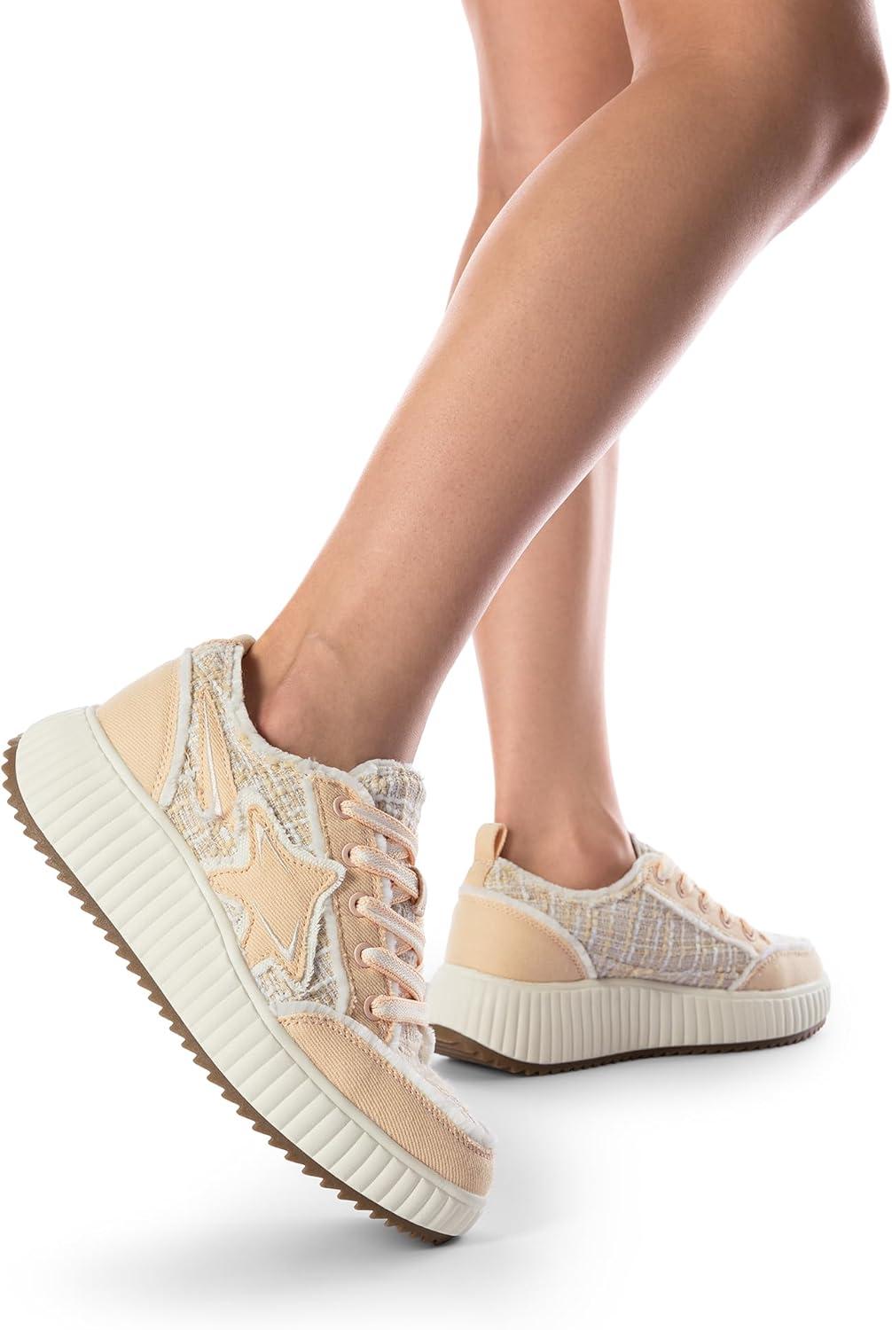 imageDREAM PAIRS Women Platform Chunky Lightweight Comfortable Casual Denim Fabric LaceUp Kay Walking Fashion SneakersPinkWhite