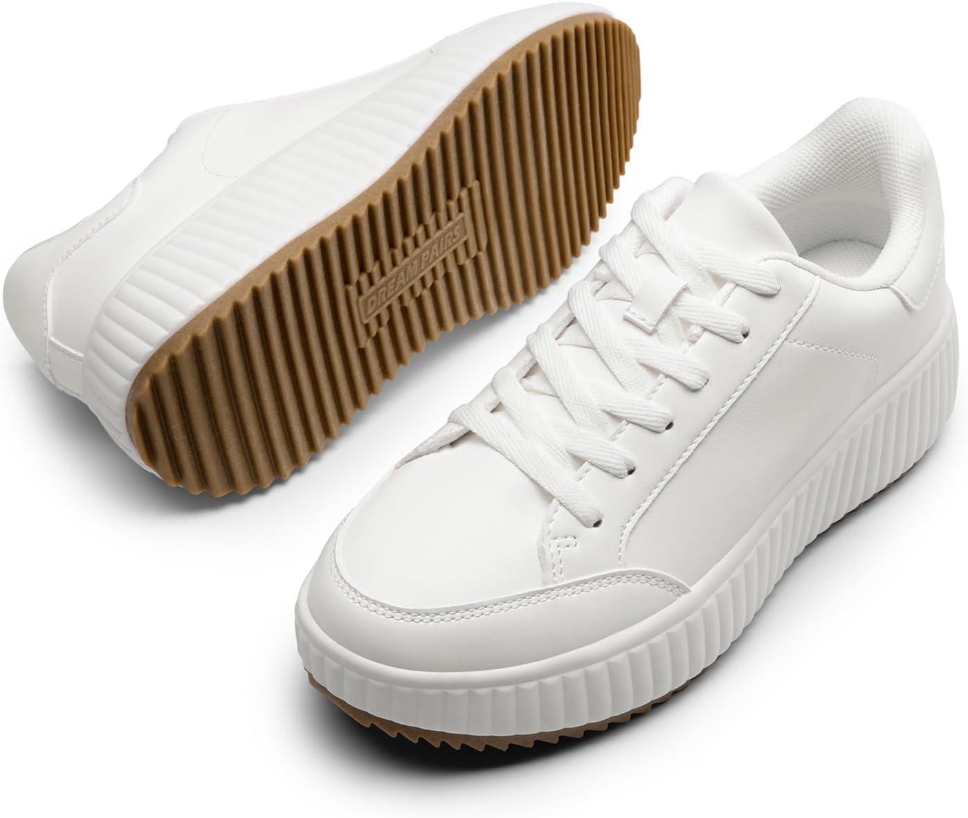 imageDREAM PAIRS Women Platform Chunky Lightweight Comfortable Casual Faux Leather LaceUp Dee Walking Fashion SneakersAll Whitepu