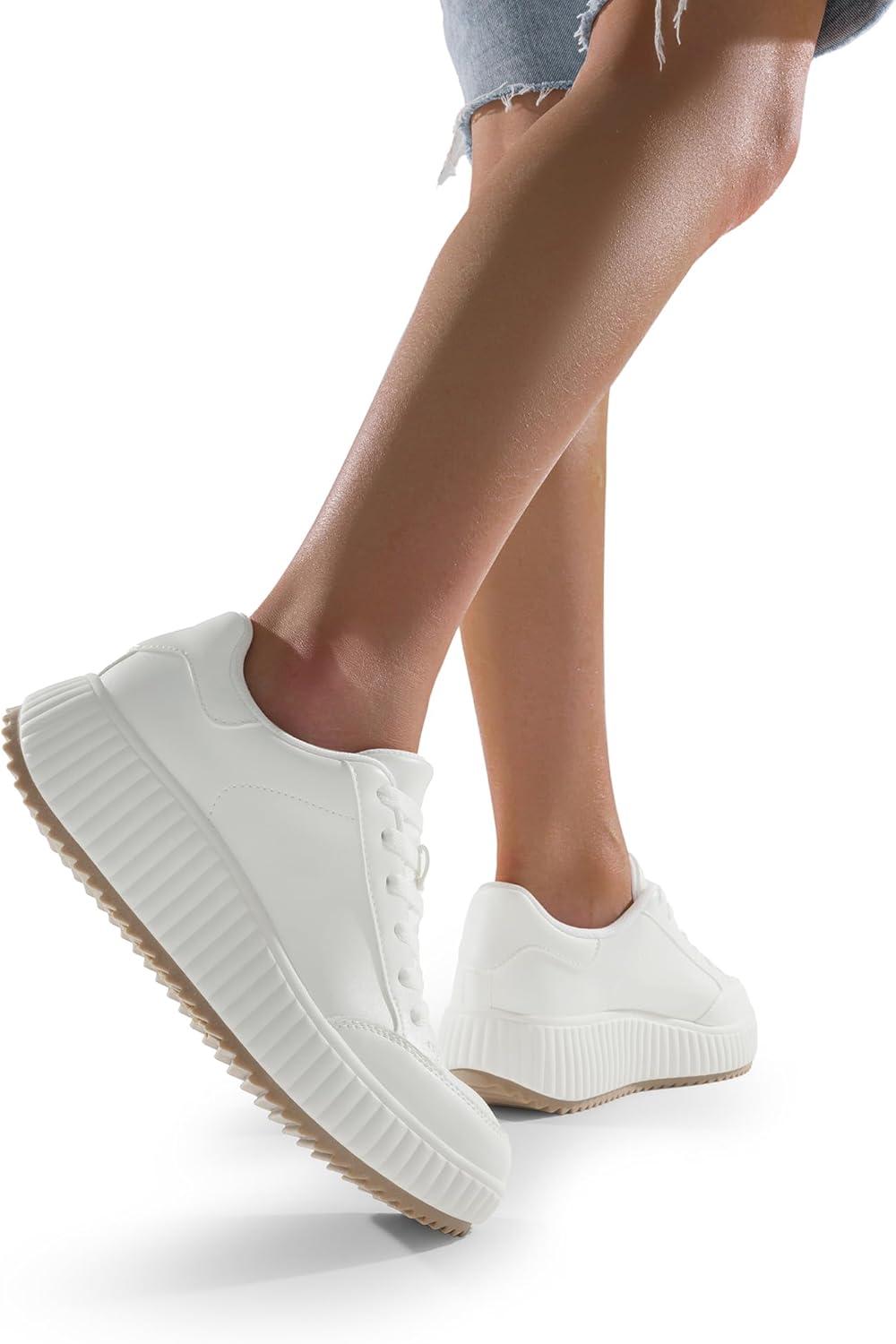 imageDREAM PAIRS Women Platform Chunky Lightweight Comfortable Casual Faux Leather LaceUp Dee Walking Fashion SneakersAll Whitepu