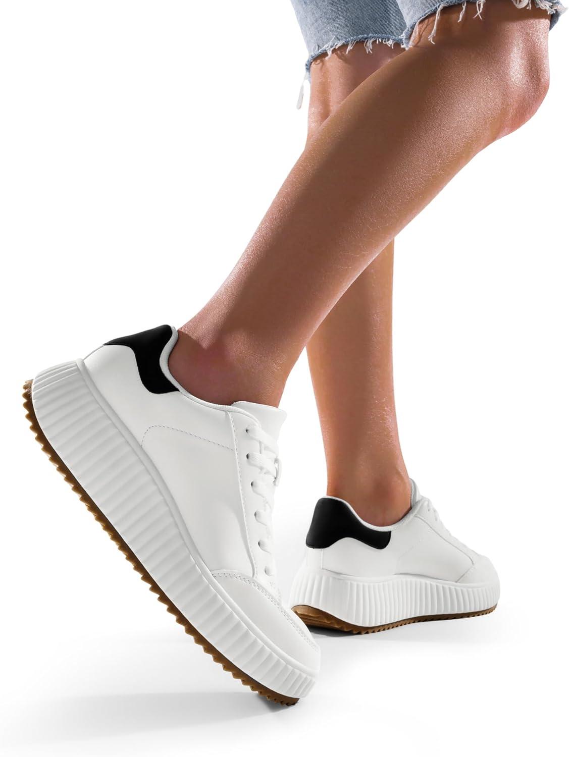 imageDREAM PAIRS Women Platform Chunky Lightweight Comfortable Casual Faux Leather LaceUp Dee Walking Fashion SneakersWhiteBlack