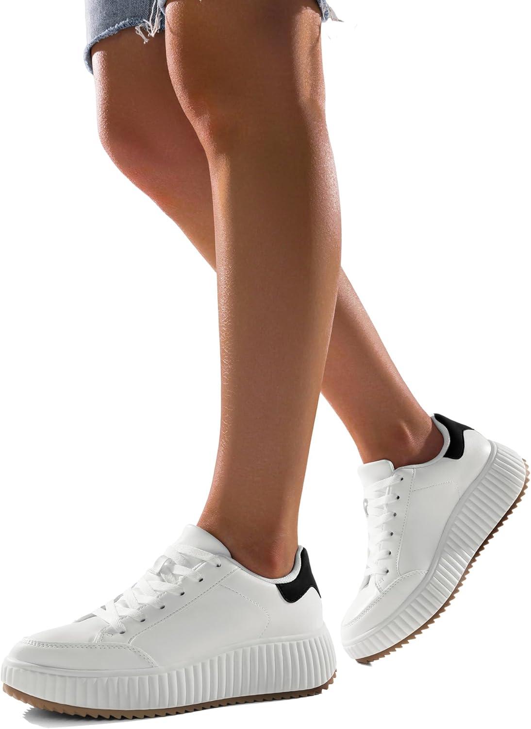 imageDREAM PAIRS Women Platform Chunky Lightweight Comfortable Casual Faux Leather LaceUp Dee Walking Fashion SneakersWhiteBlack