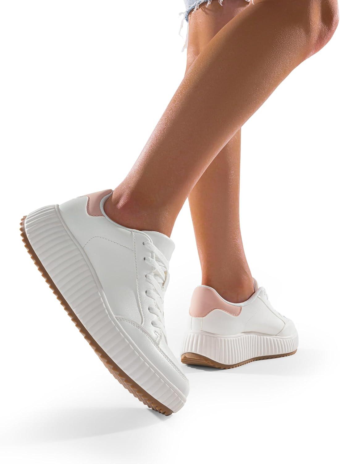 imageDREAM PAIRS Women Platform Chunky Lightweight Comfortable Casual Faux Leather LaceUp Dee Walking Fashion SneakersWhiteHot Pink