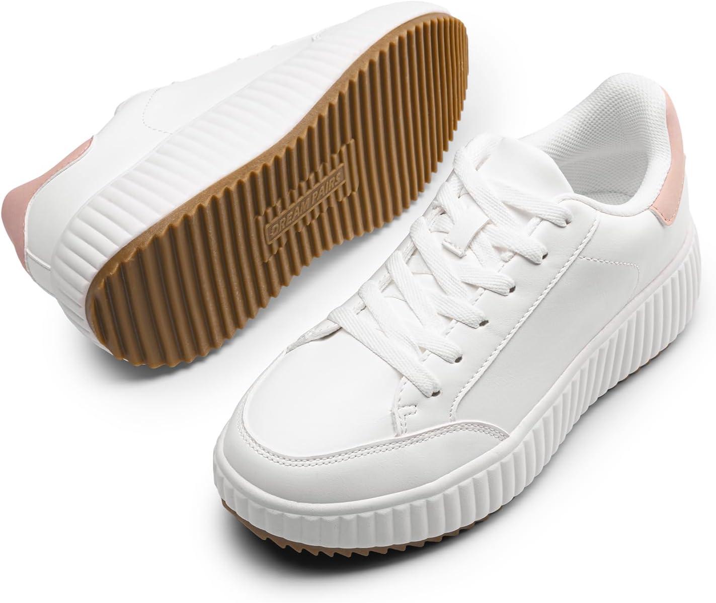 imageDREAM PAIRS Women Platform Chunky Lightweight Comfortable Casual Faux Leather LaceUp Dee Walking Fashion SneakersWhiteHot Pink