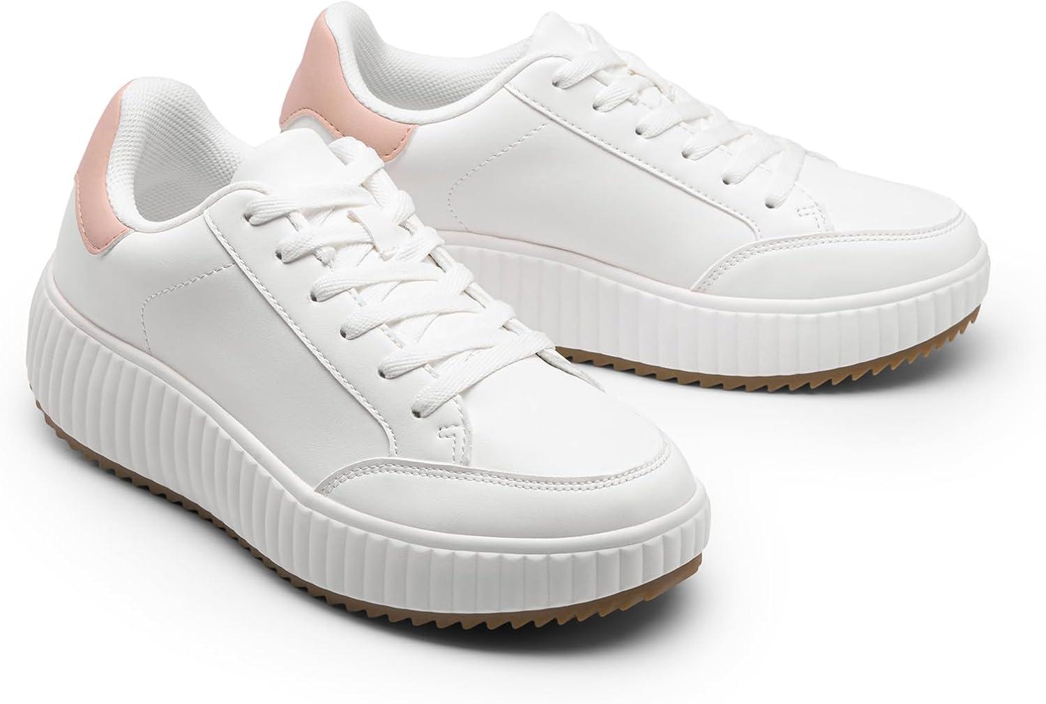 imageDREAM PAIRS Women Platform Chunky Lightweight Comfortable Casual Faux Leather LaceUp Dee Walking Fashion SneakersWhiteHot Pink