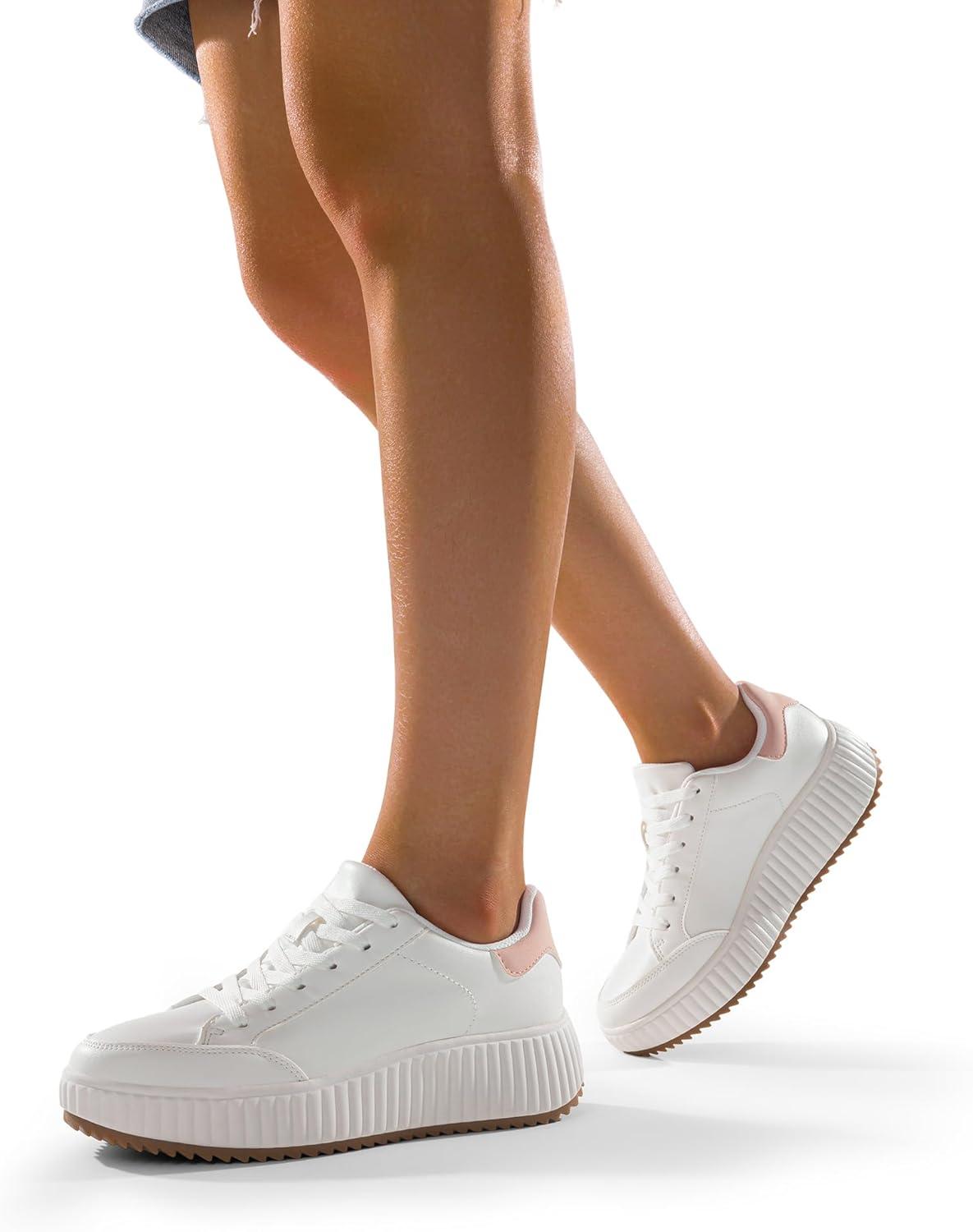 imageDREAM PAIRS Women Platform Chunky Lightweight Comfortable Casual Faux Leather LaceUp Dee Walking Fashion SneakersWhiteHot Pink