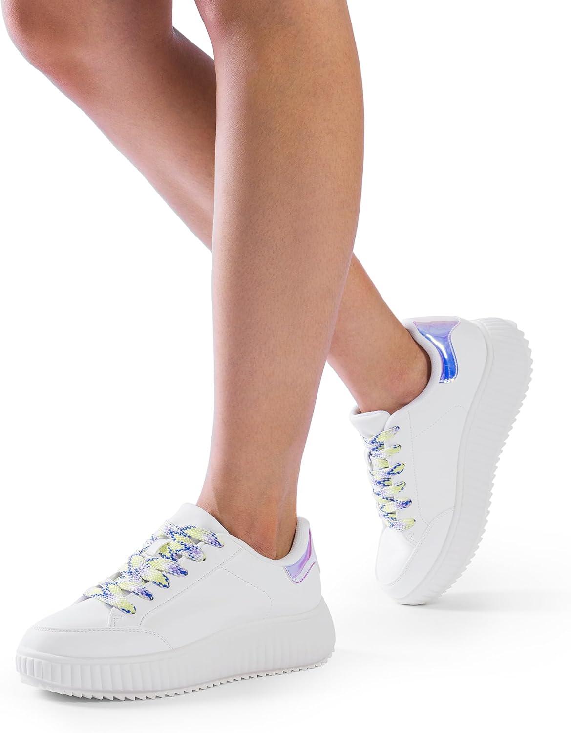 imageDREAM PAIRS Women Platform Chunky Lightweight Comfortable Casual Faux Leather LaceUp Dee Walking Fashion SneakersWhiteRainbowpu