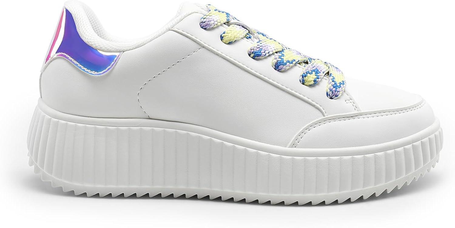 imageDREAM PAIRS Women Platform Chunky Lightweight Comfortable Casual Faux Leather LaceUp Dee Walking Fashion SneakersWhiteRainbowpu