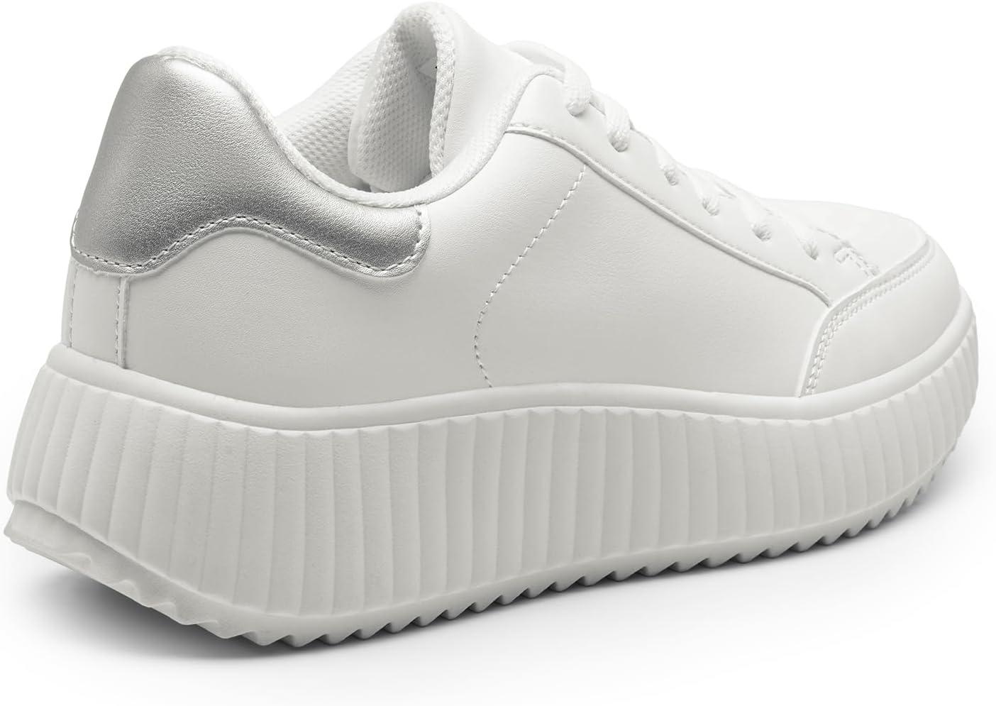 imageDREAM PAIRS Women Platform Chunky Lightweight Comfortable Casual Faux Leather LaceUp Dee Walking Fashion SneakersWhiteSilver