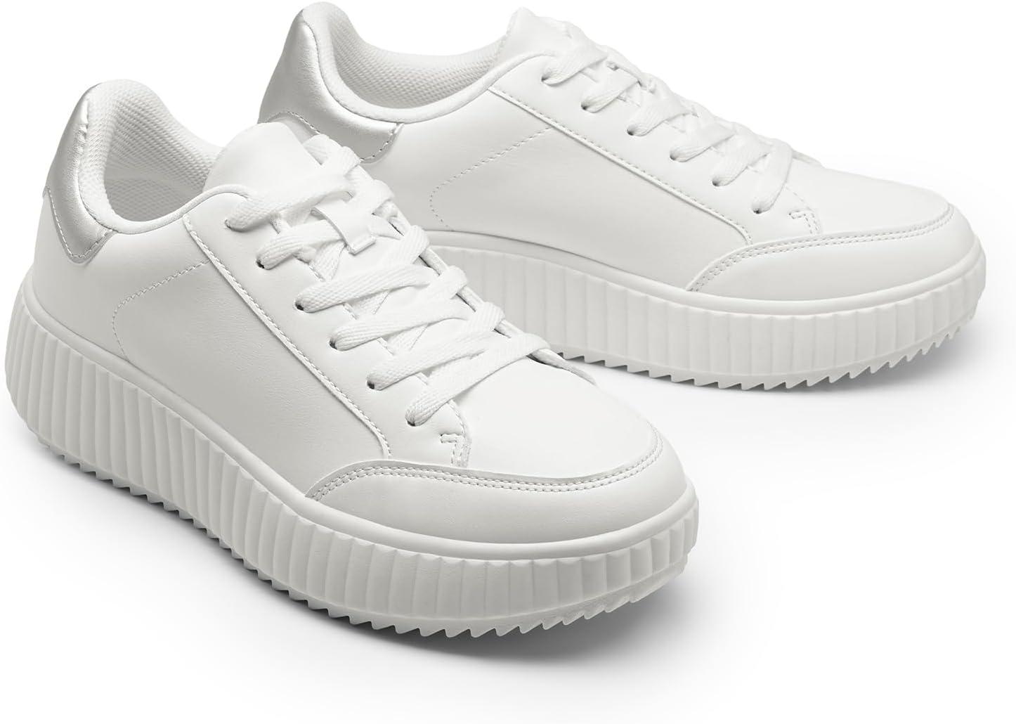 imageDREAM PAIRS Women Platform Chunky Lightweight Comfortable Casual Faux Leather LaceUp Dee Walking Fashion SneakersWhiteSilver