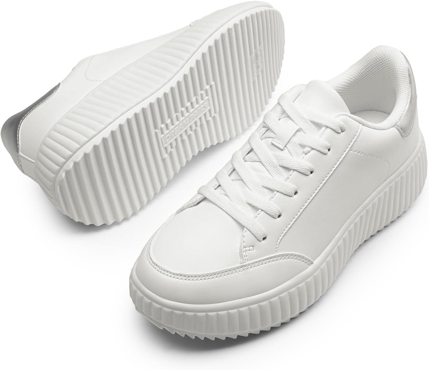 imageDREAM PAIRS Women Platform Chunky Lightweight Comfortable Casual Faux Leather LaceUp Dee Walking Fashion SneakersWhiteSilver