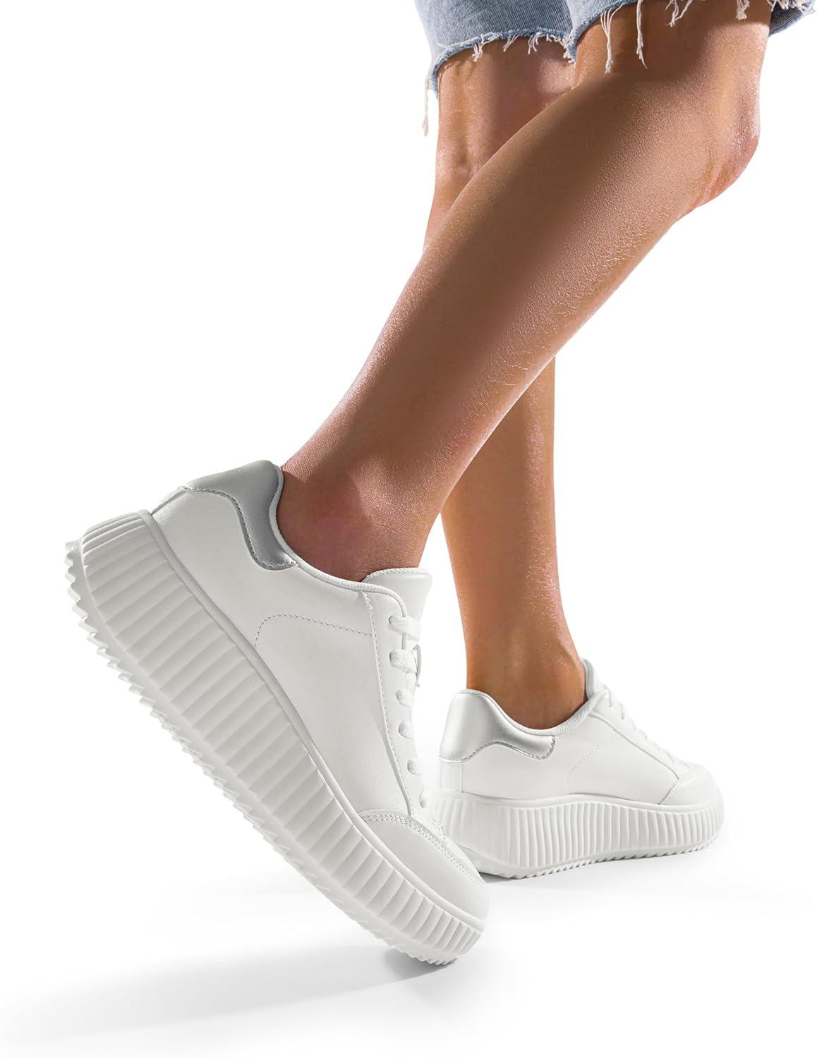imageDREAM PAIRS Women Platform Chunky Lightweight Comfortable Casual Faux Leather LaceUp Dee Walking Fashion SneakersWhiteSilver