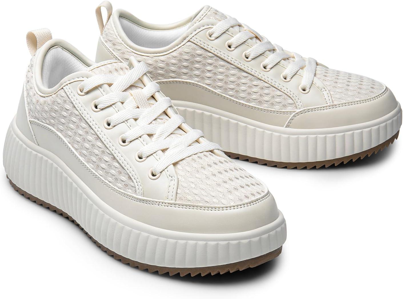 imageDREAM PAIRS Women Platform Chunky Lightweight Comfortable Casual LaceUp Sky Walking Fashion SneakersBeige