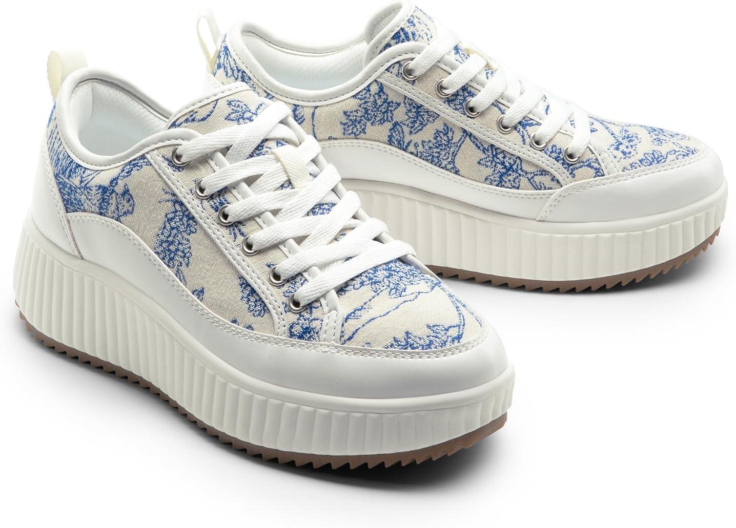 imageDREAM PAIRS Women Platform Chunky Lightweight Comfortable Casual LaceUp Sky Walking Fashion SneakersBlueBeigeWhite