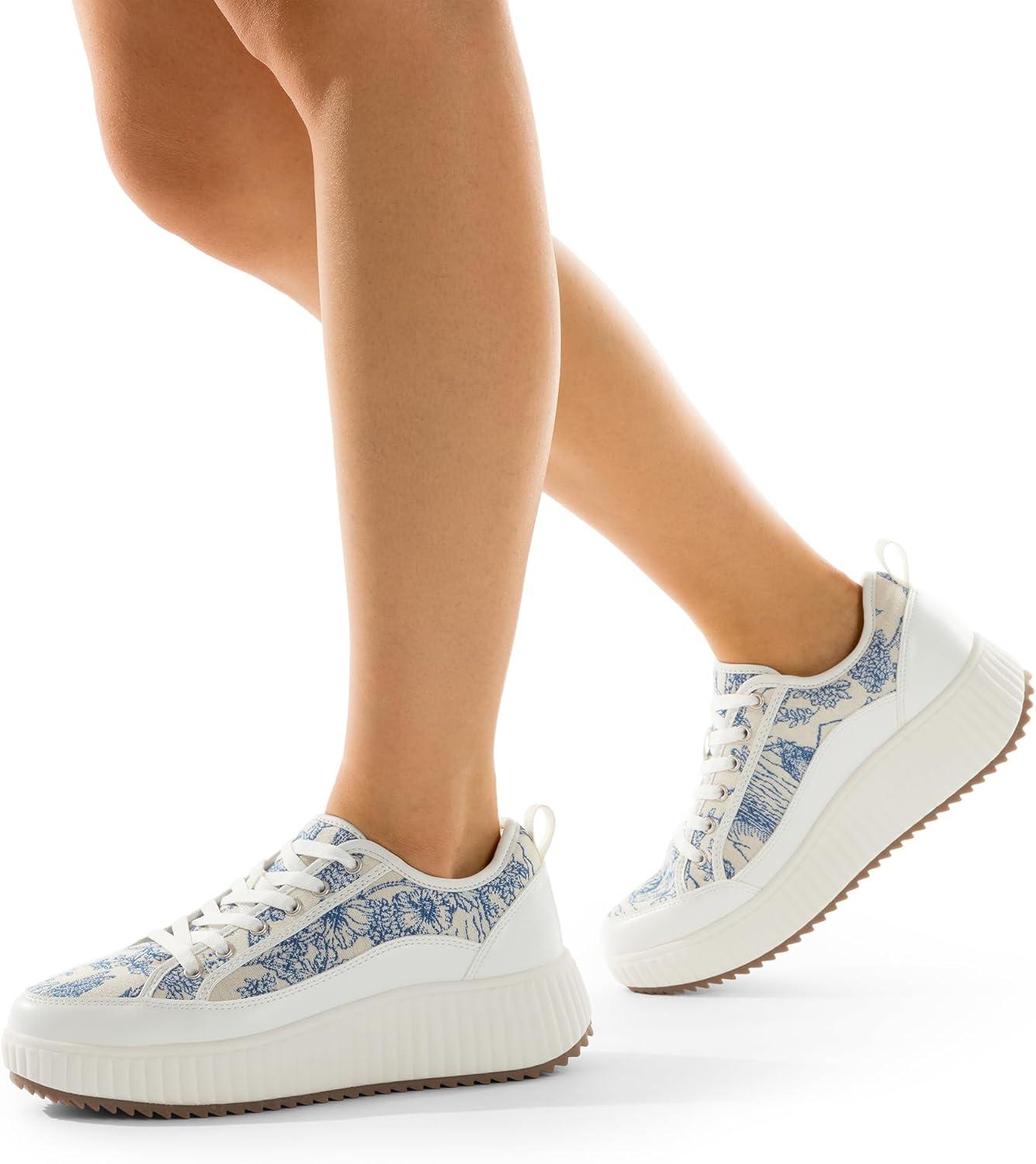 imageDREAM PAIRS Women Platform Chunky Lightweight Comfortable Casual LaceUp Sky Walking Fashion SneakersBlueBeigeWhite