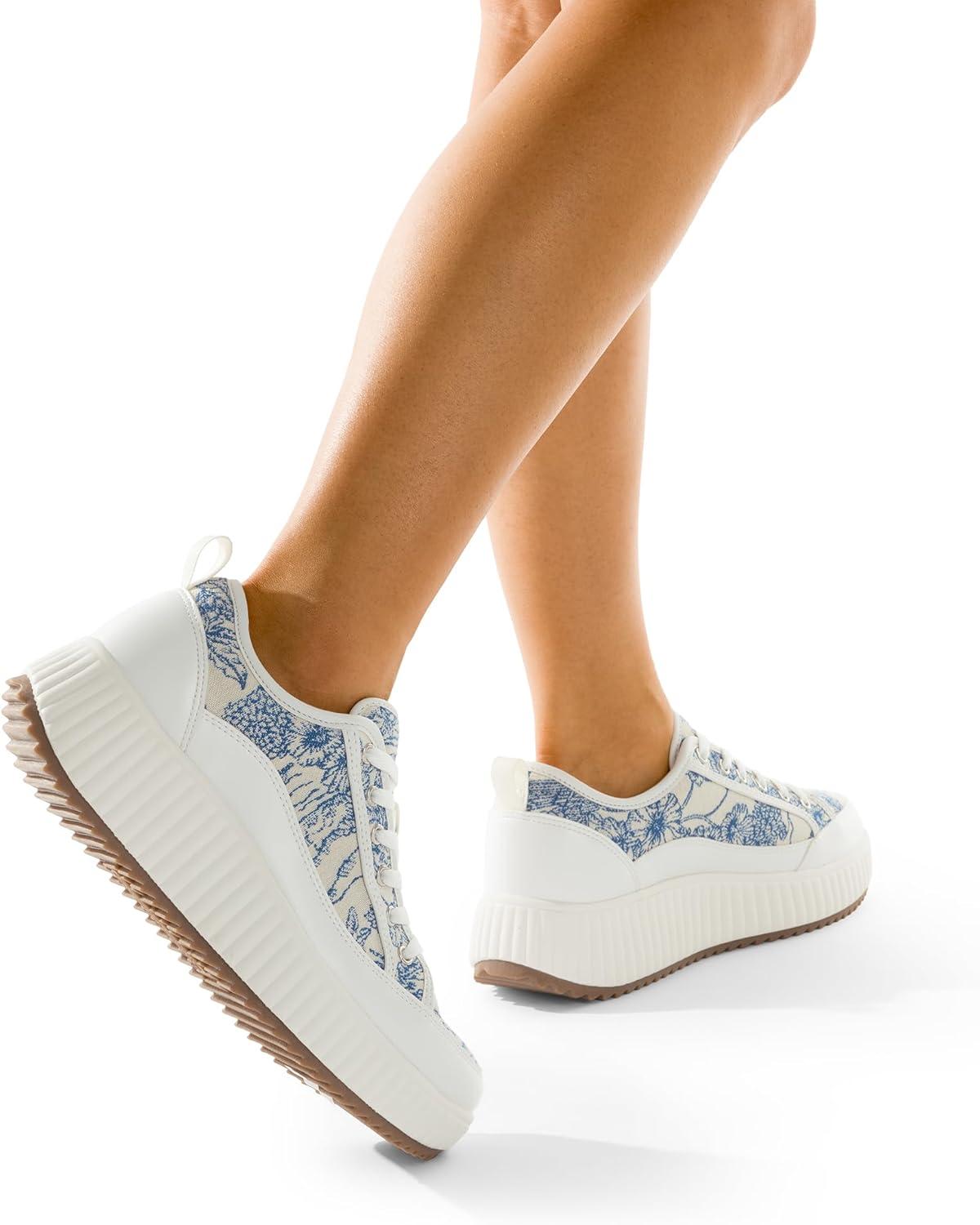 imageDREAM PAIRS Women Platform Chunky Lightweight Comfortable Casual LaceUp Sky Walking Fashion SneakersBlueBeigeWhite