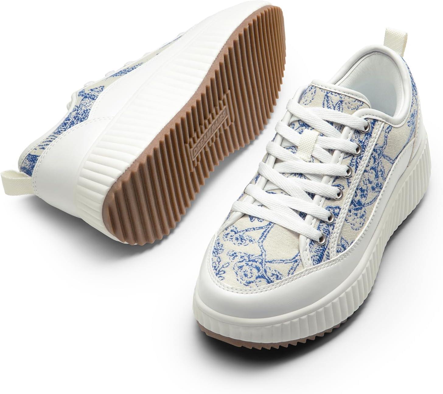 imageDREAM PAIRS Women Platform Chunky Lightweight Comfortable Casual LaceUp Sky Walking Fashion SneakersBlueBeigeWhite