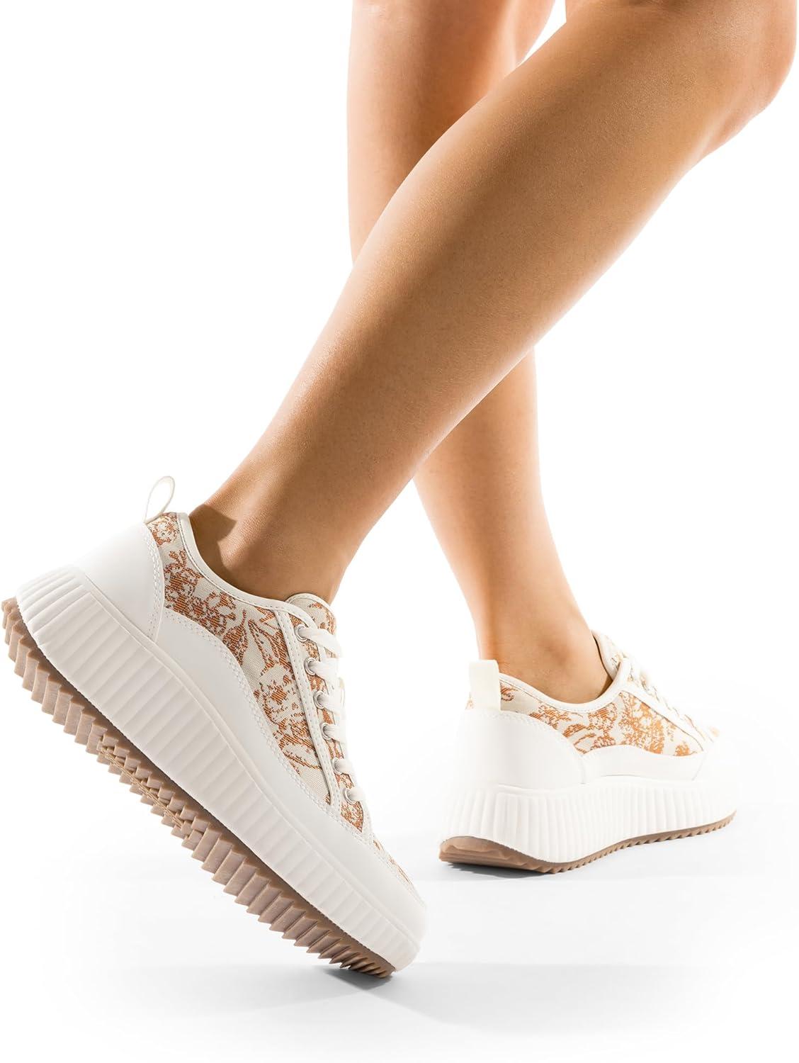 imageDREAM PAIRS Women Platform Chunky Lightweight Comfortable Casual LaceUp Sky Walking Fashion SneakersBrownBeigeWhite