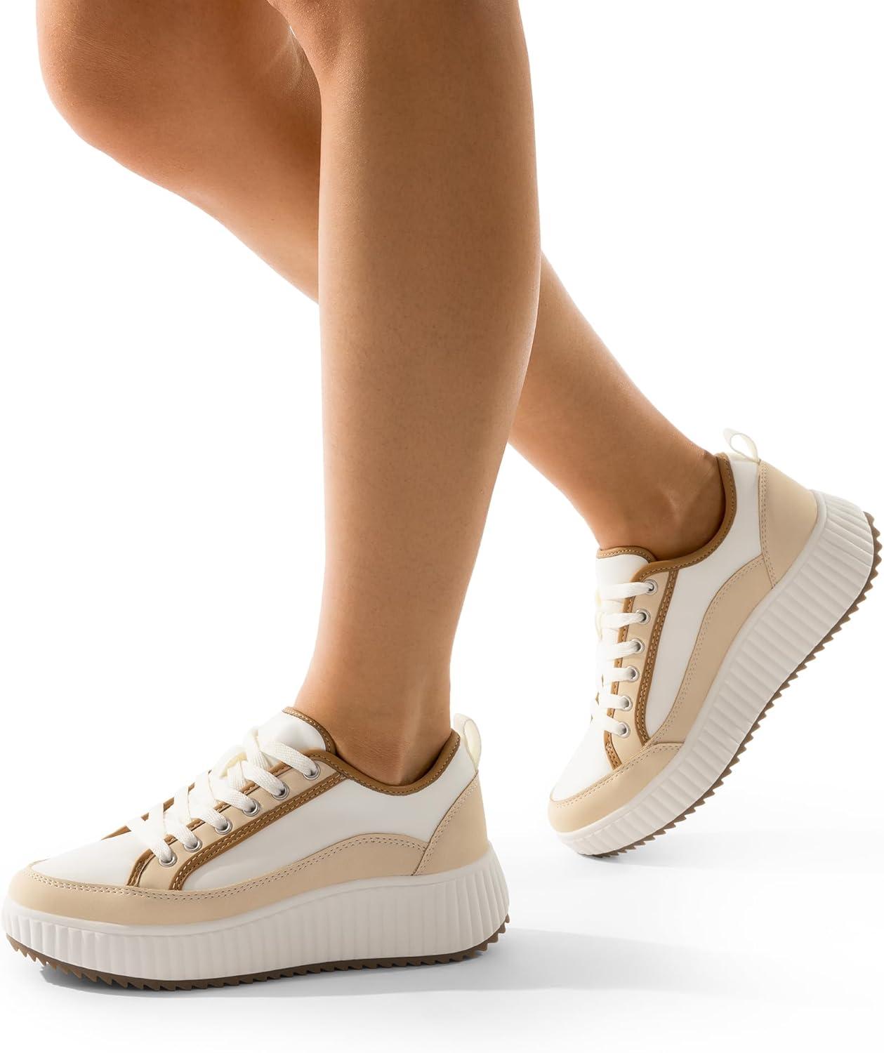 imageDREAM PAIRS Women Platform Chunky Lightweight Comfortable Casual LaceUp Sky Walking Fashion SneakersBrownWhitepu