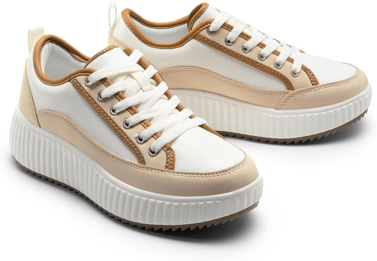 imageDREAM PAIRS Women Platform Chunky Lightweight Comfortable Casual LaceUp Sky Walking Fashion SneakersBrownWhitepu