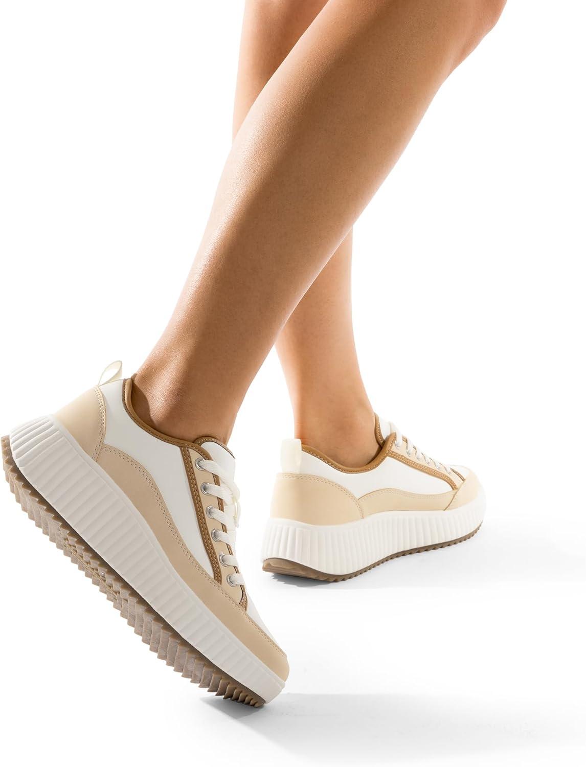 imageDREAM PAIRS Women Platform Chunky Lightweight Comfortable Casual LaceUp Sky Walking Fashion SneakersBrownWhitepu