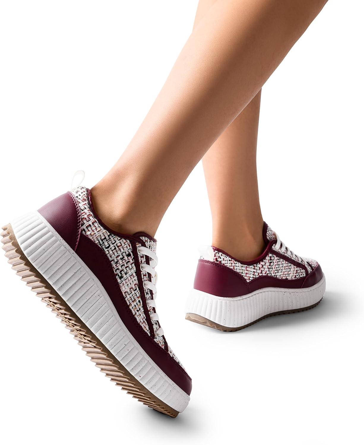 imageDREAM PAIRS Women Platform Chunky Lightweight Comfortable Casual LaceUp Sky Walking Fashion SneakersBurgundy