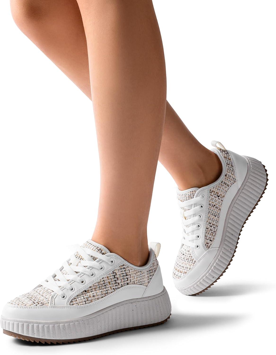 imageDREAM PAIRS Women Platform Chunky Lightweight Comfortable Casual LaceUp Sky Walking Fashion SneakersKhakiWhite