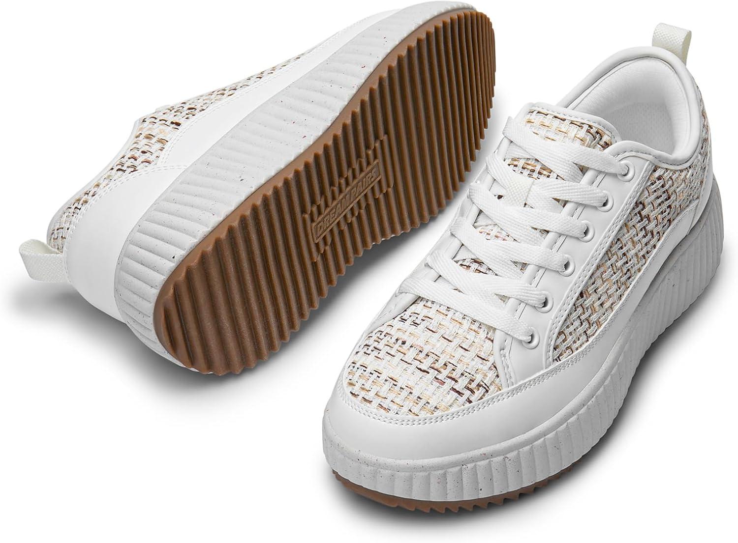 imageDREAM PAIRS Women Platform Chunky Lightweight Comfortable Casual LaceUp Sky Walking Fashion SneakersKhakiWhite