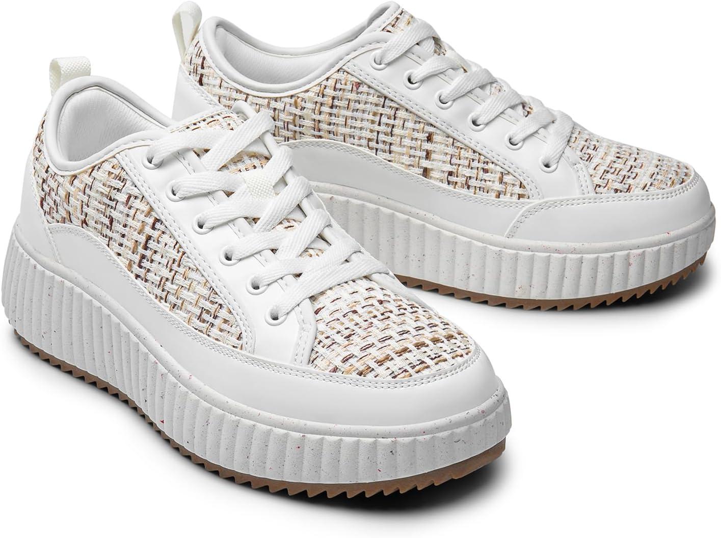 imageDREAM PAIRS Women Platform Chunky Lightweight Comfortable Casual LaceUp Sky Walking Fashion SneakersKhakiWhite