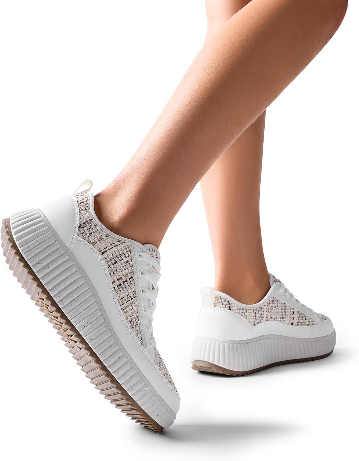 imageDREAM PAIRS Women Platform Chunky Lightweight Comfortable Casual LaceUp Sky Walking Fashion SneakersKhakiWhite