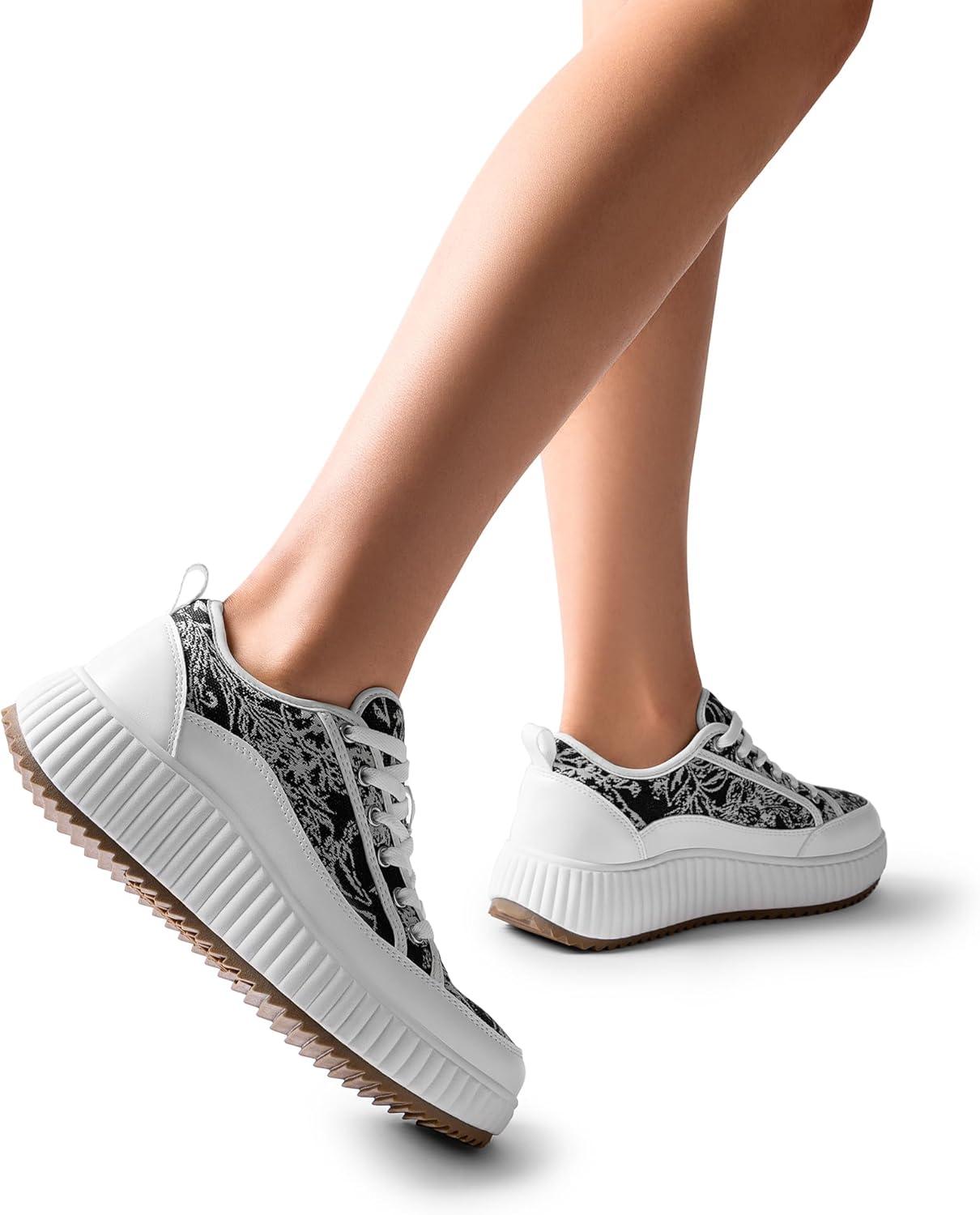 imageDREAM PAIRS Women Platform Chunky Lightweight Comfortable Casual LaceUp Sky Walking Fashion SneakersWhiteBlack