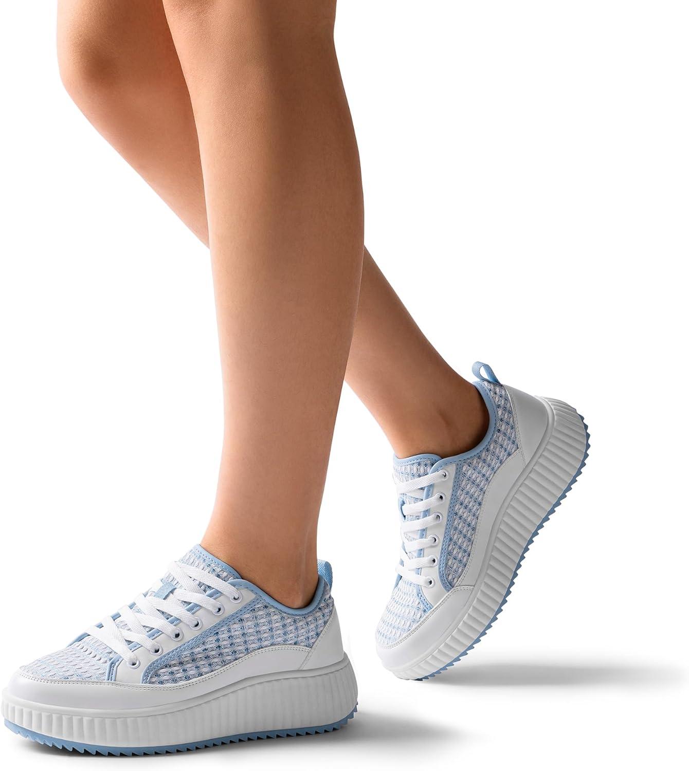 imageDREAM PAIRS Women Platform Chunky Lightweight Comfortable Casual LaceUp Sky Walking Fashion SneakersWhiteBlue