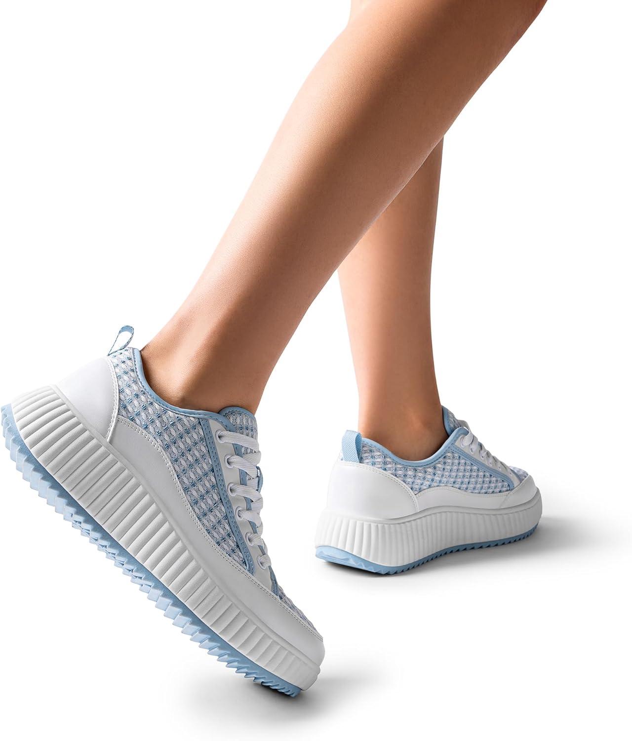 imageDREAM PAIRS Women Platform Chunky Lightweight Comfortable Casual LaceUp Sky Walking Fashion SneakersWhiteBlue