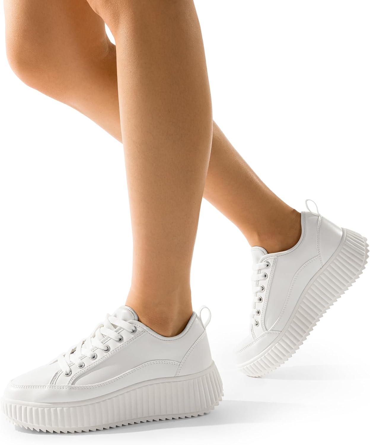 imageDREAM PAIRS Women Platform Chunky Lightweight Comfortable Casual LaceUp Sky Walking Fashion SneakersWhitePu