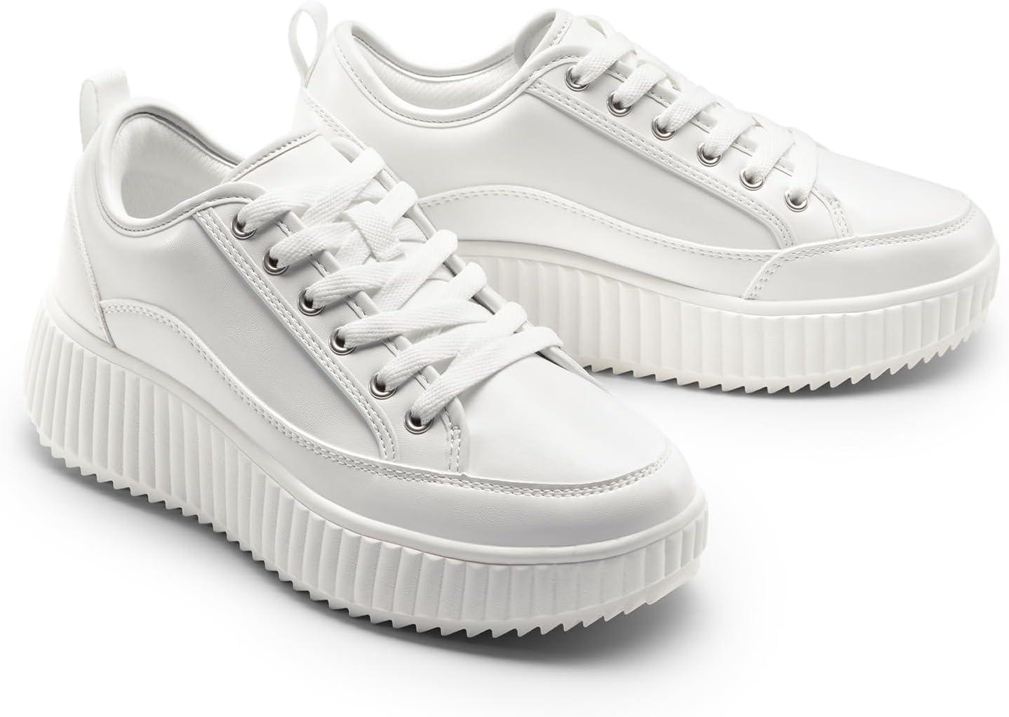 imageDREAM PAIRS Women Platform Chunky Lightweight Comfortable Casual LaceUp Sky Walking Fashion SneakersWhitePu