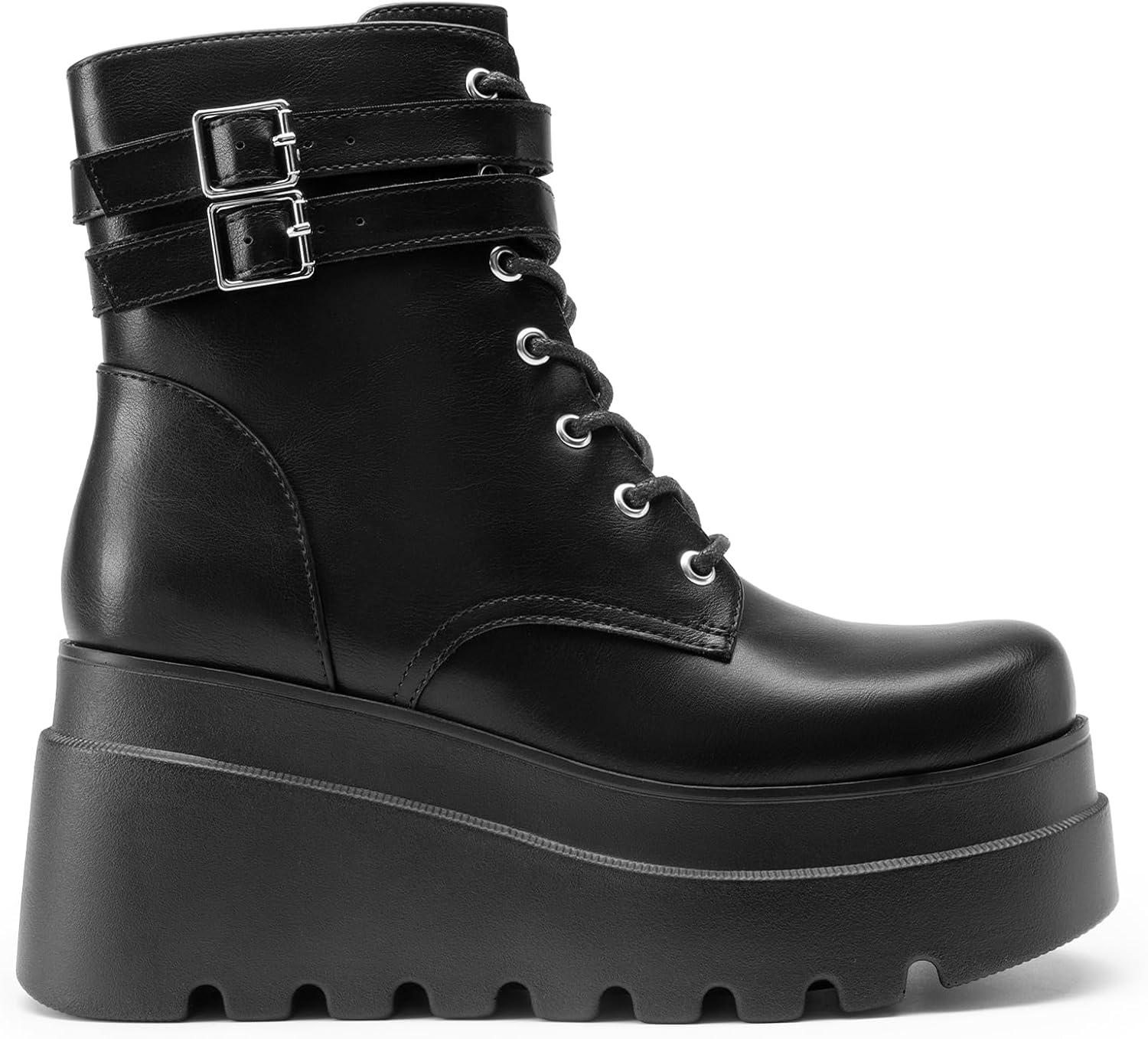 imageDREAM PAIRS Women Platform Combat Ankle Boots Goth Chunky High Heel Lace Up Motorcycle BootiesBlackpu