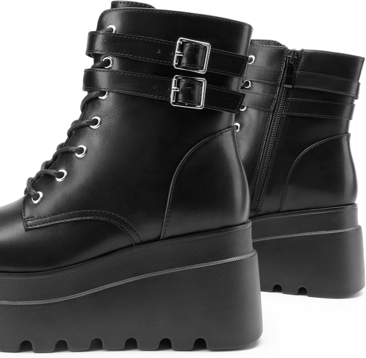 imageDREAM PAIRS Women Platform Combat Ankle Boots Goth Chunky High Heel Lace Up Motorcycle BootiesBlackpu