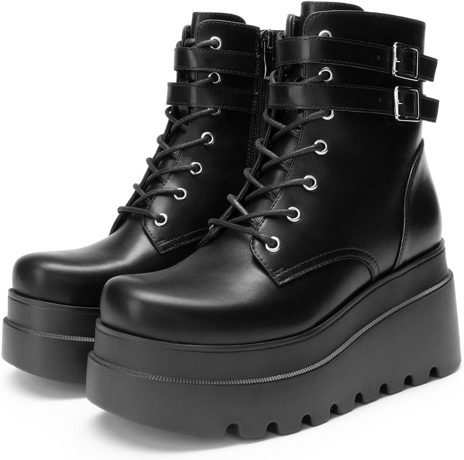 imageDREAM PAIRS Women Platform Combat Ankle Boots Goth Chunky High Heel Lace Up Motorcycle BootiesBlackpu