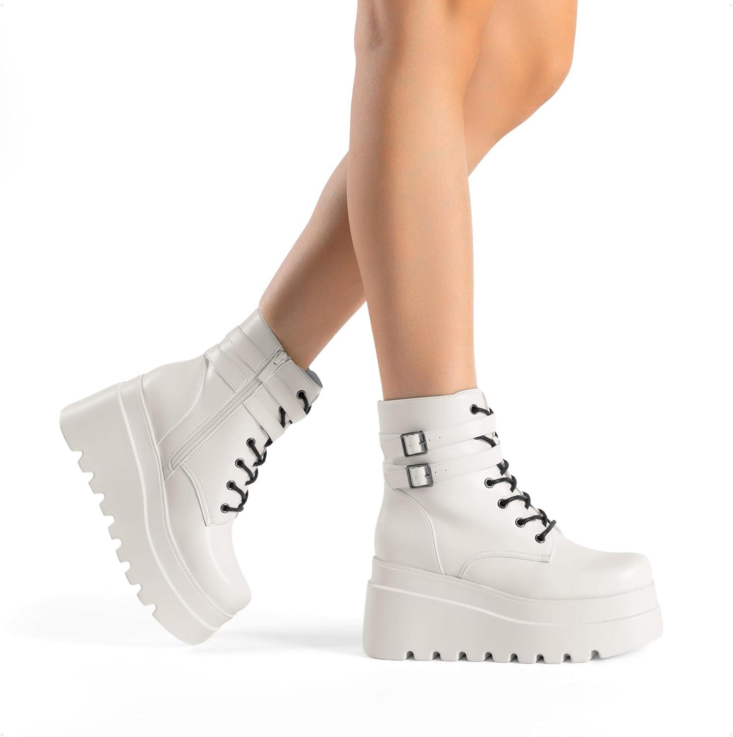 imageDREAM PAIRS Women Platform Combat Ankle Boots Goth Chunky High Heel Lace Up Motorcycle BootiesWhite