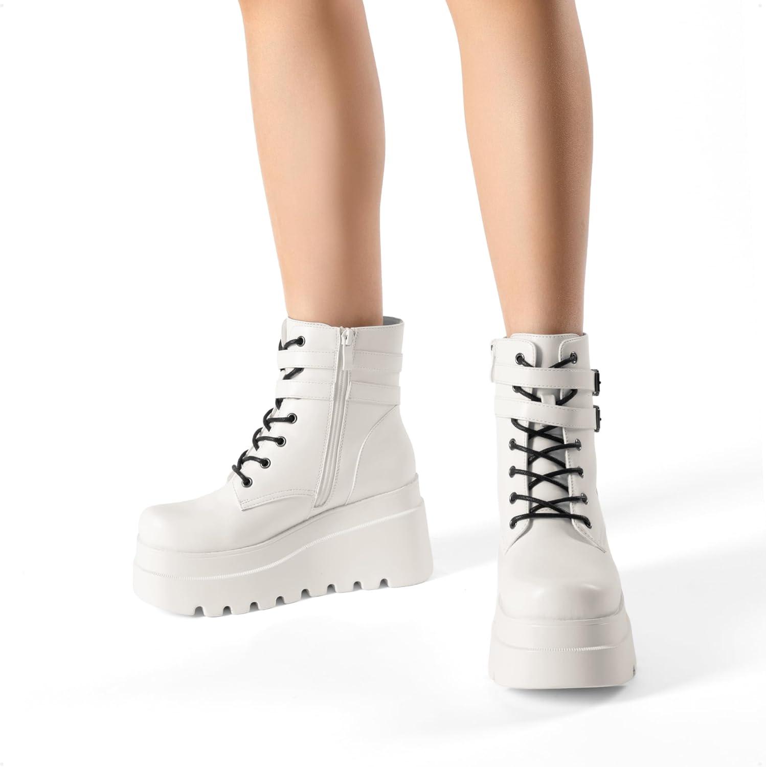 imageDREAM PAIRS Women Platform Combat Ankle Boots Goth Chunky High Heel Lace Up Motorcycle BootiesWhite