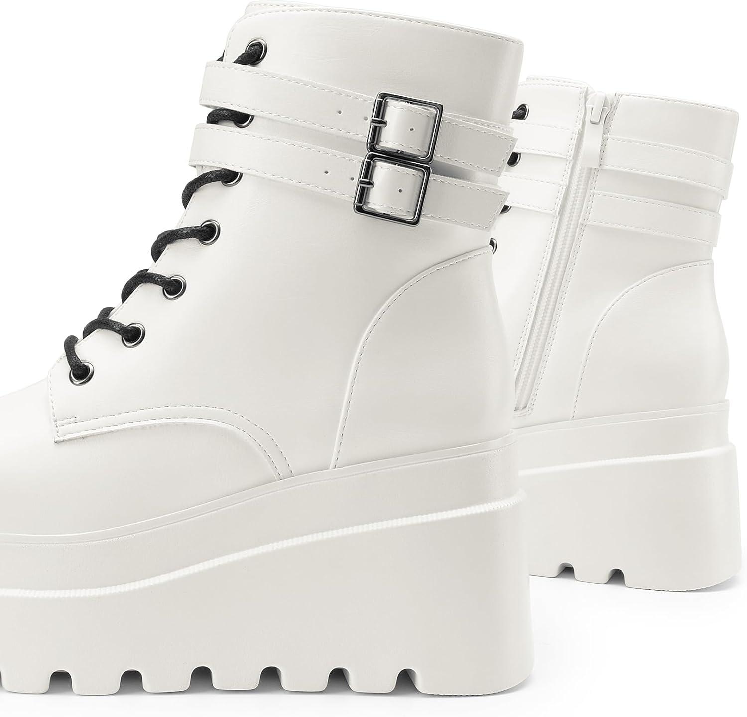 imageDREAM PAIRS Women Platform Combat Ankle Boots Goth Chunky High Heel Lace Up Motorcycle BootiesWhite