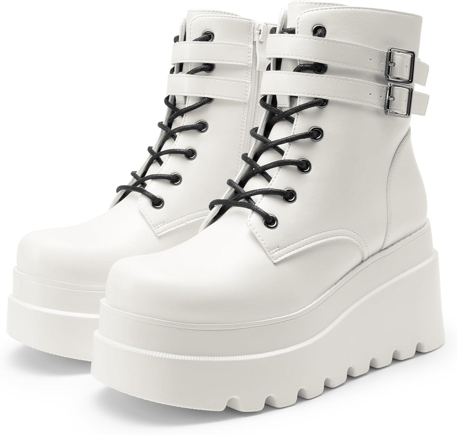 imageDREAM PAIRS Women Platform Combat Ankle Boots Goth Chunky High Heel Lace Up Motorcycle BootiesWhite