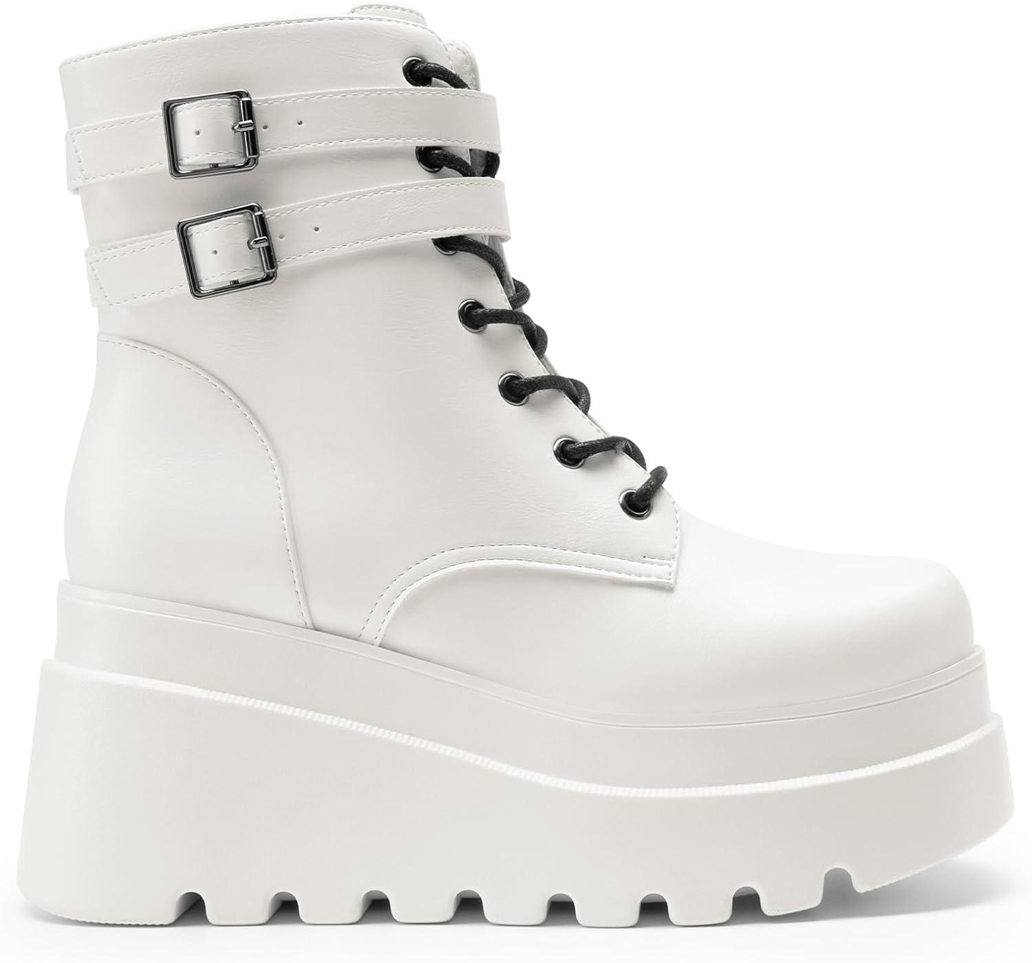 imageDREAM PAIRS Women Platform Combat Ankle Boots Goth Chunky High Heel Lace Up Motorcycle BootiesWhite