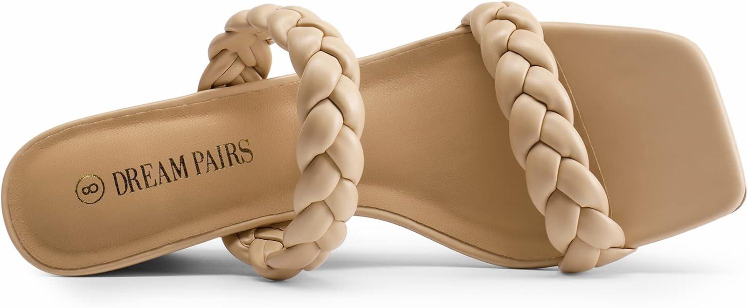 imageDREAM PAIRS Women Slides Wedge Sandals Braided Straps Square Open Toe Dress Casual ShoesNude